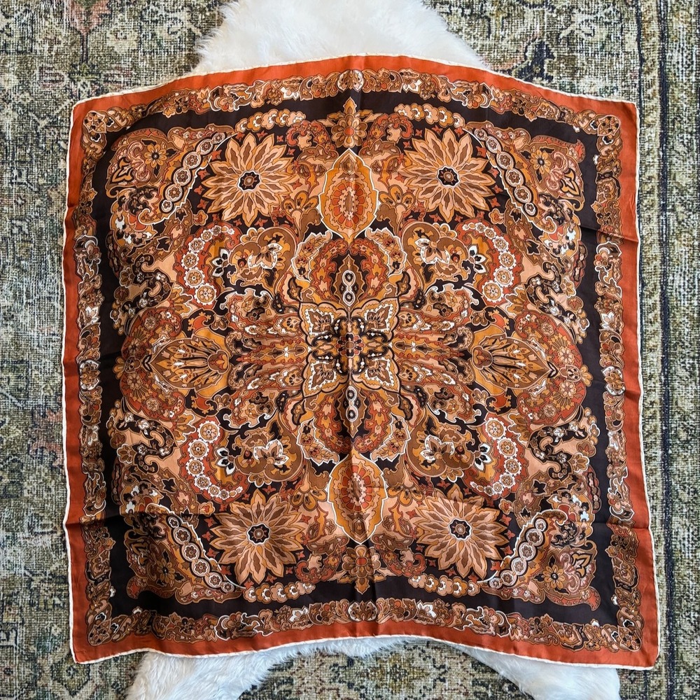 Vintage Burnt Orange Brown Paisley Floral Silk Square Scarf 26x26 Neckerchief